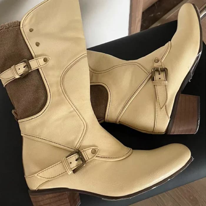 Cream Cowboy Boots with Buckle Straps — view 2 Cream Cowboy Boots with Buckle Straps — view 2