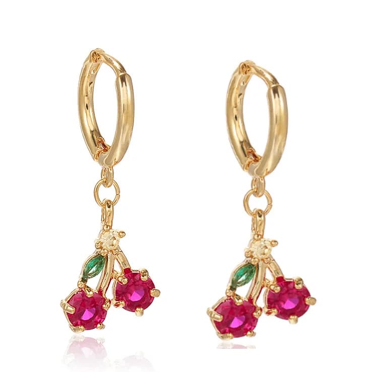 Pink Cherry Hoop Dangle Earrings — view 2 Pink Cherry Hoop Dangle Earrings — view 2