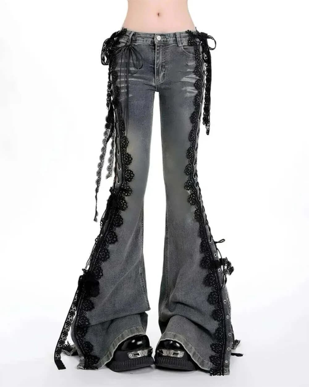 Fairy Grunge Lace Up Flared Jeans — view 2 Fairy Grunge Lace Up Flared Jeans — view 2