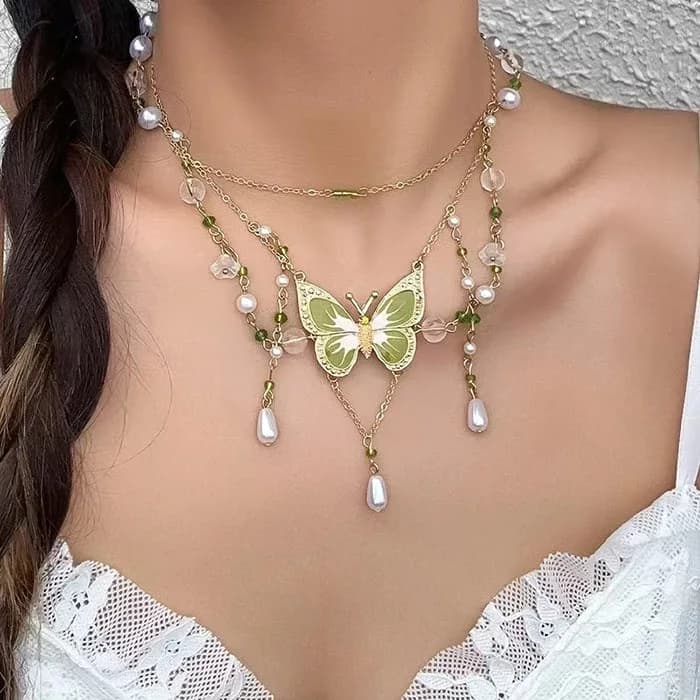Green Butterfly Aesthetic Layered Necklace — view 2 Green Butterfly Aesthetic Layered Necklace — view 2