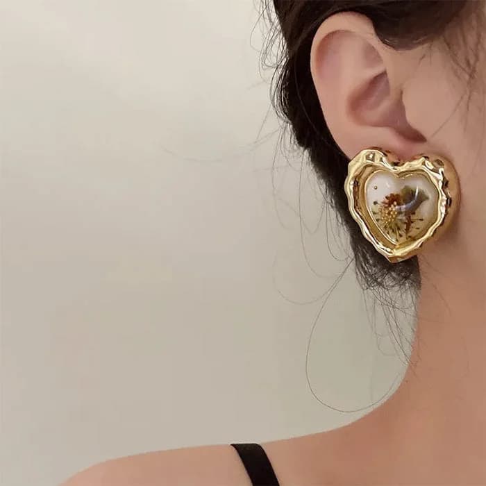 Pressed Flower Vintage Heart Earrings — view 2 Pressed Flower Vintage Heart Earrings — view 2