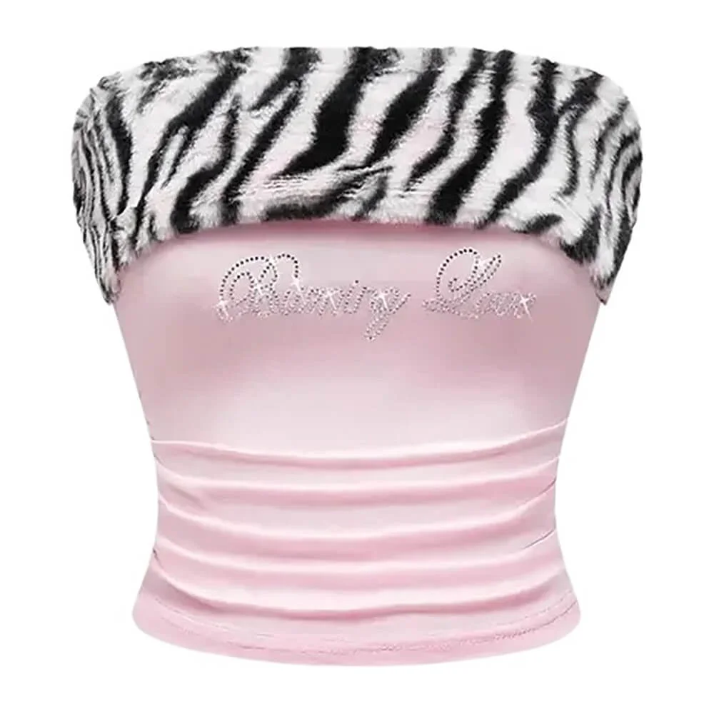 Y2K Fur Trim Tube Top — view 2 Y2K Fur Trim Tube Top — view 2