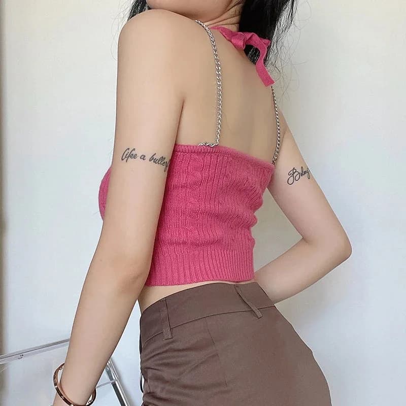 Y2K Chain Strap Knitted Crop Top — view 2 Y2K Chain Strap Knitted Crop Top — view 2