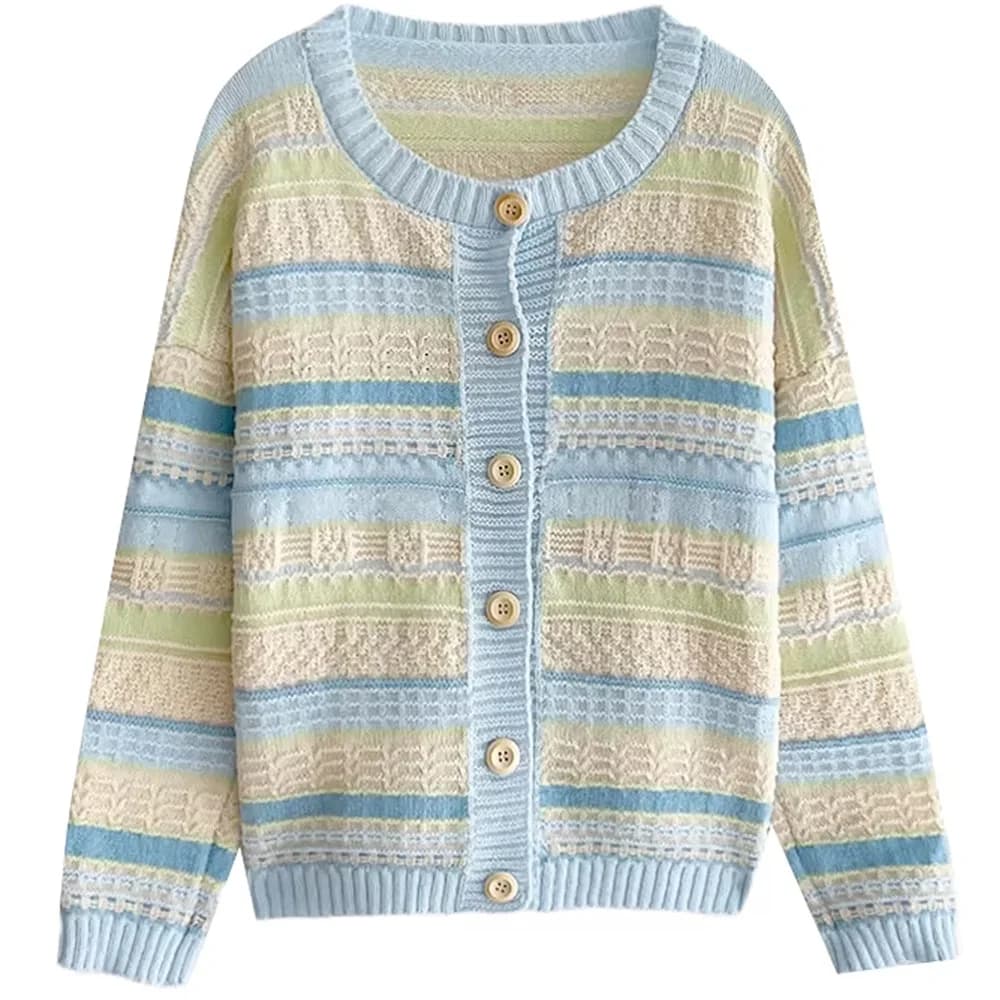 Blue & Yellow Pastel Striped Cardigan — view 1 Blue & Yellow Pastel Striped Cardigan — view 1