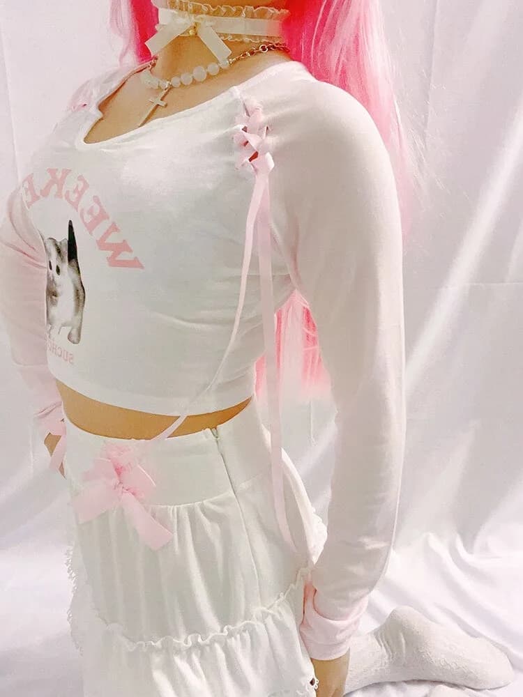 Pink Kitten Long Sleeve Crop Top — view 2 Pink Kitten Long Sleeve Crop Top — view 2