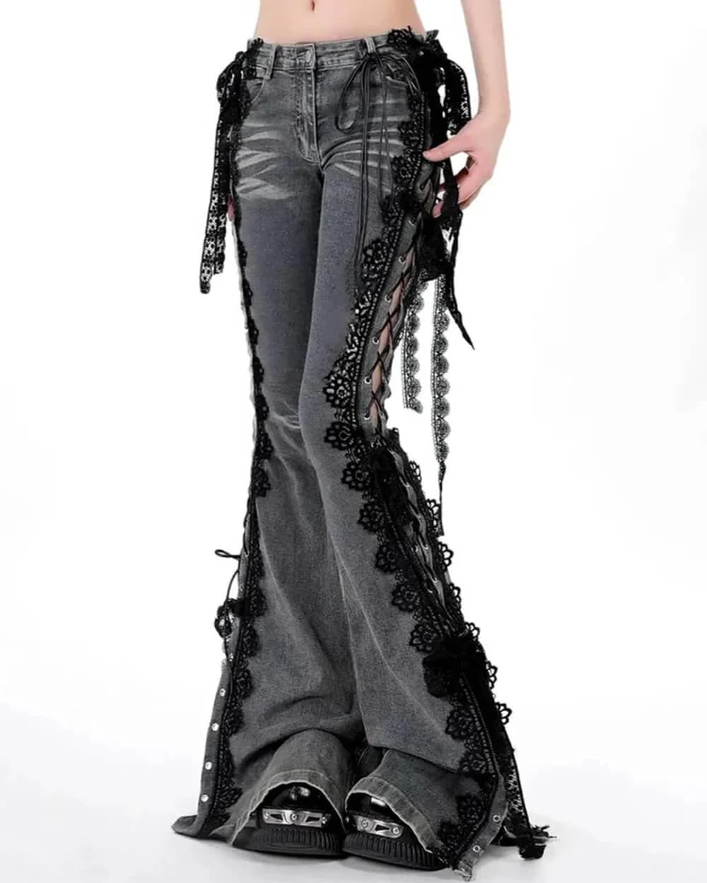 Fairy Grunge Lace Up Flared Jeans — view 3 Fairy Grunge Lace Up Flared Jeans — view 3
