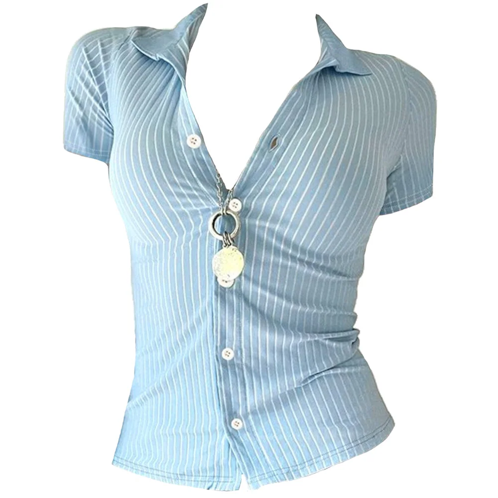 Y2K Blue Stripe Fitted Shirt — view 1 Y2K Blue Stripe Fitted Shirt — view 1