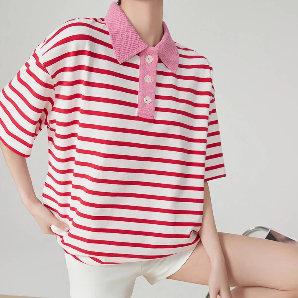 Pink Stripe Skater Polo Shirt — view 2 Pink Stripe Skater Polo Shirt — view 2