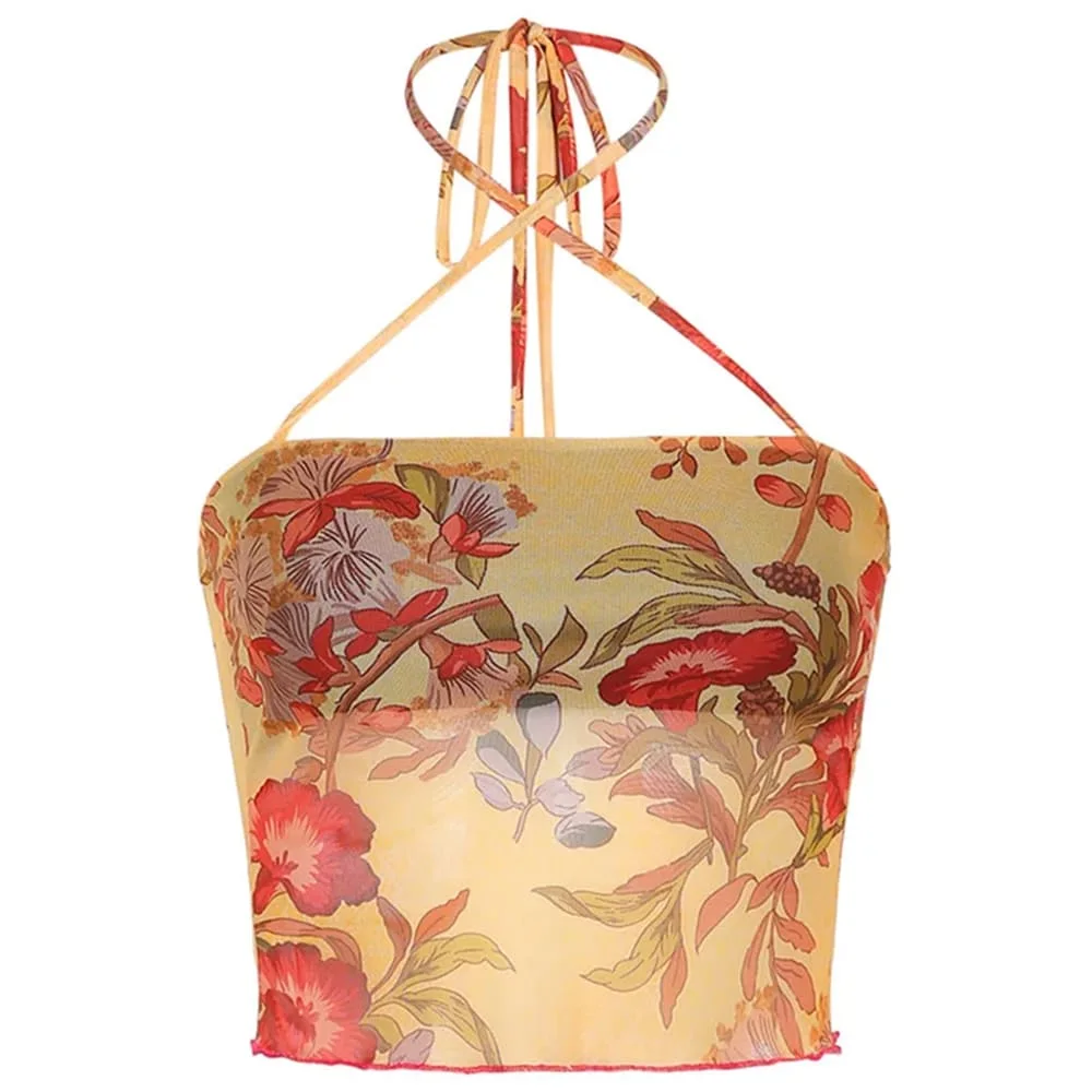 Fairycore Floral Mesh Halter Top — view 1 Fairycore Floral Mesh Halter Top — view 1