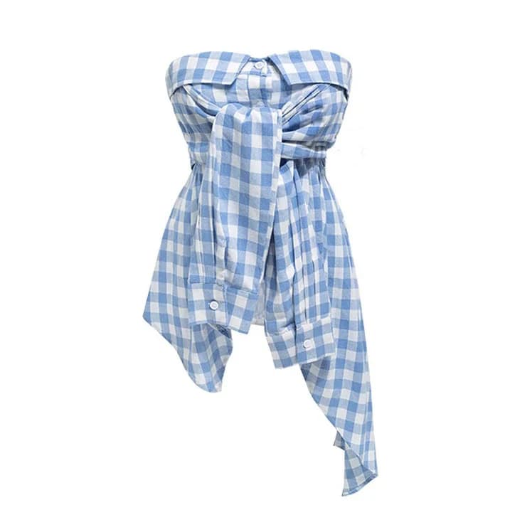 Baby Blue Plaid Off Shoulder Shirt — view 1 Baby Blue Plaid Off Shoulder Shirt — view 1