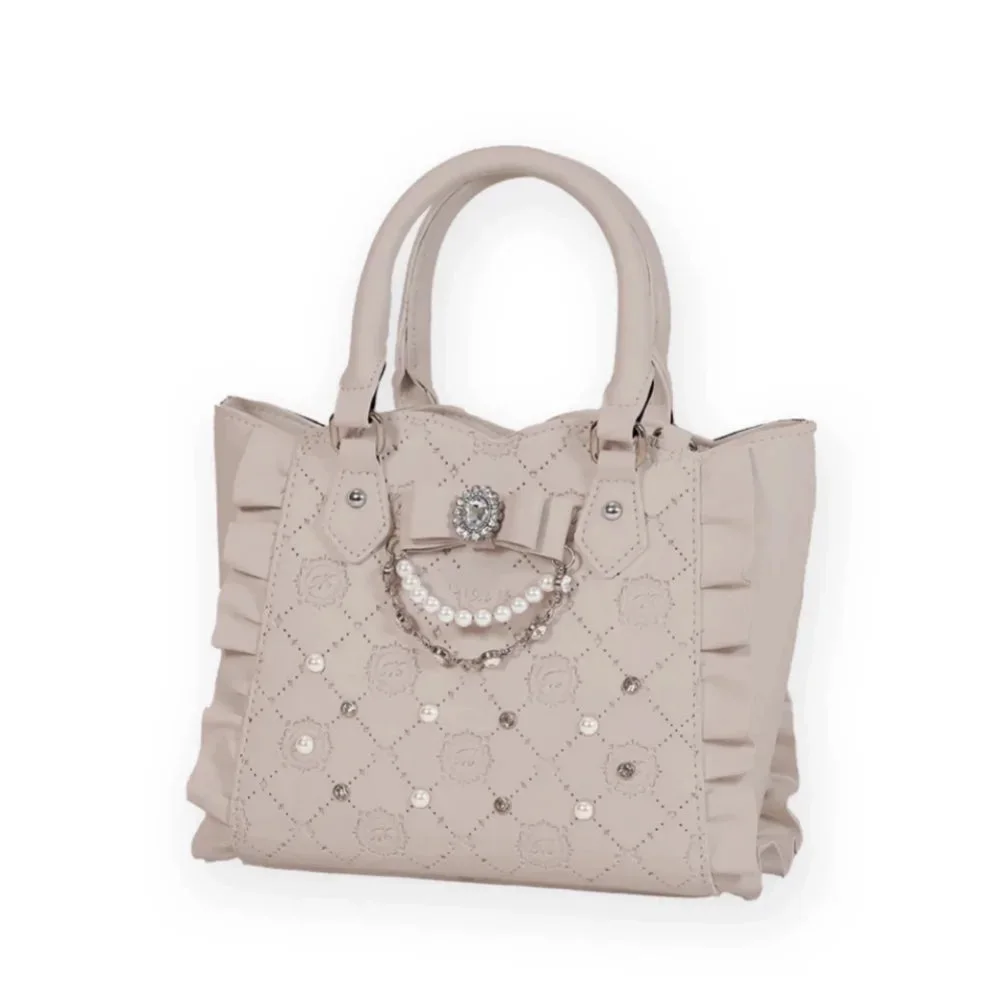Jirai Kei Quilted Pearl Bow Ruffle Tote Bag in Ivory White — view 2 Jirai Kei Quilted Pearl Bow Ruffle Tote Bag in Ivory White — view 2