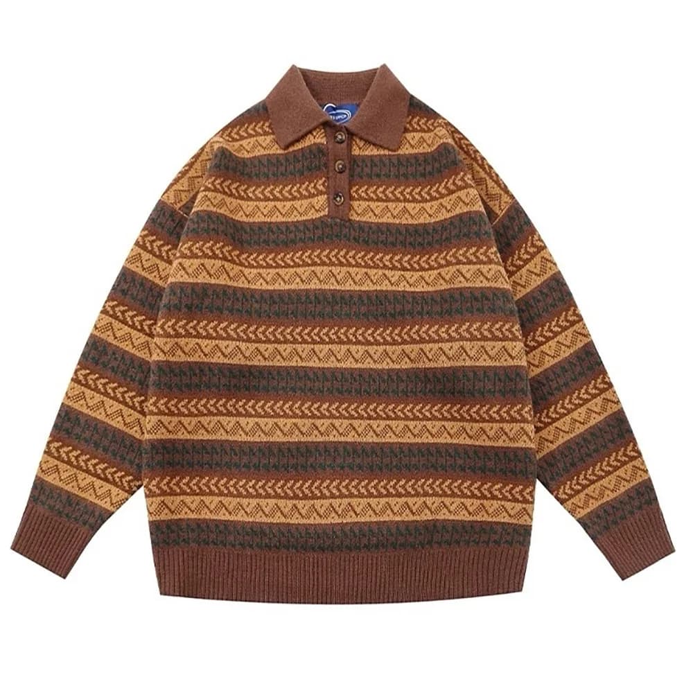 Striped Pattern Grandma Collar Sweater — view 1 Striped Pattern Grandma Collar Sweater — view 1