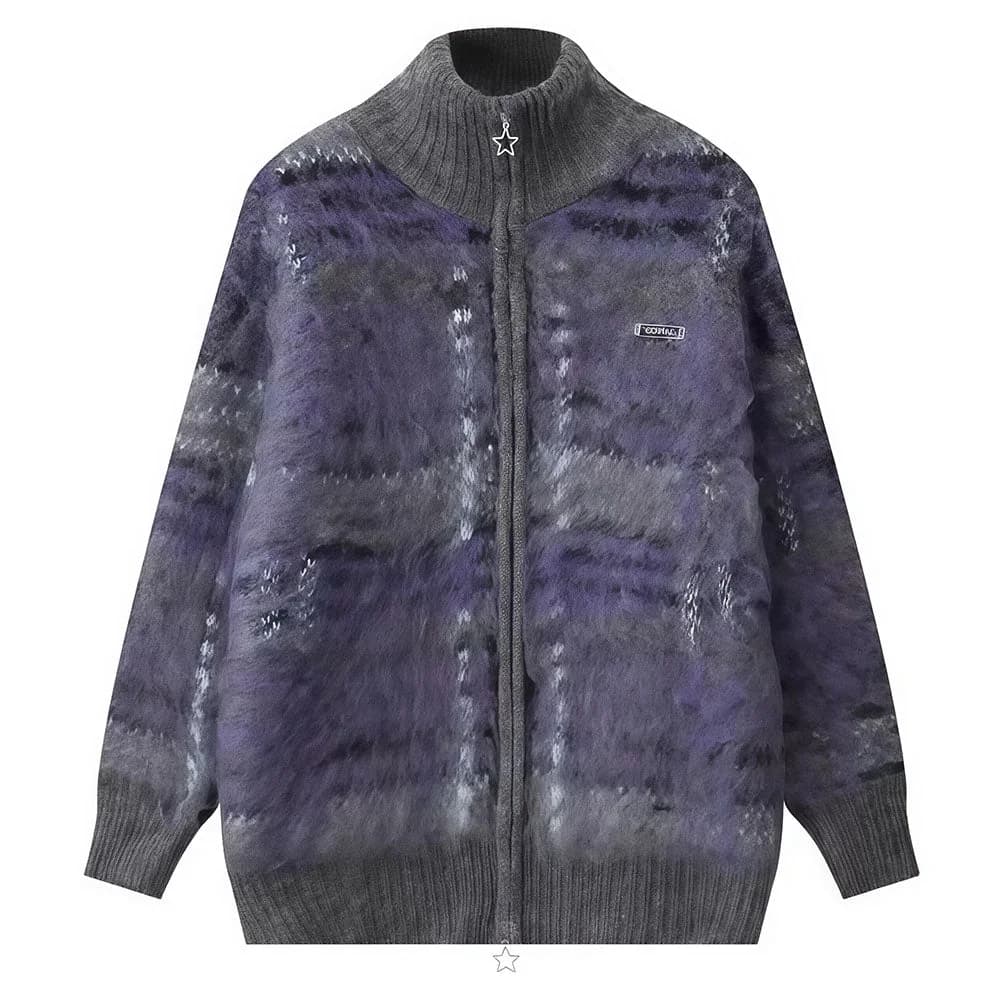 Indie Kid Fuzzy Plaid Zip Up Sweater — view 2 Indie Kid Fuzzy Plaid Zip Up Sweater — view 2