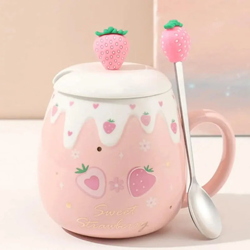 Pink Strawberry Mug With Lid & Spoon — view 1 Pink Strawberry Mug With Lid & Spoon — view 1