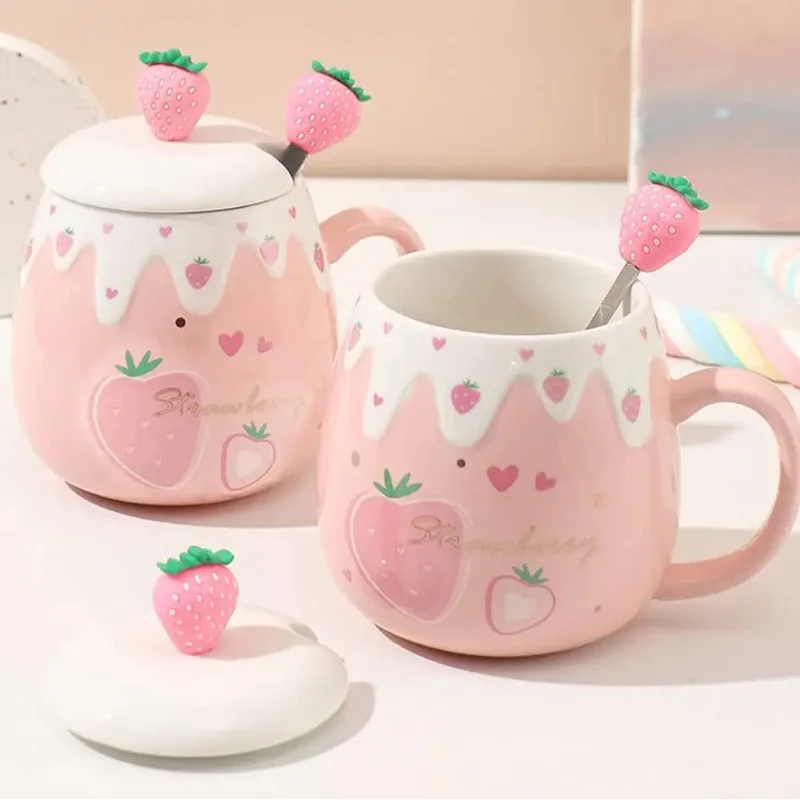 Pink Strawberry Mug With Lid & Spoon — view 2 Pink Strawberry Mug With Lid & Spoon — view 2