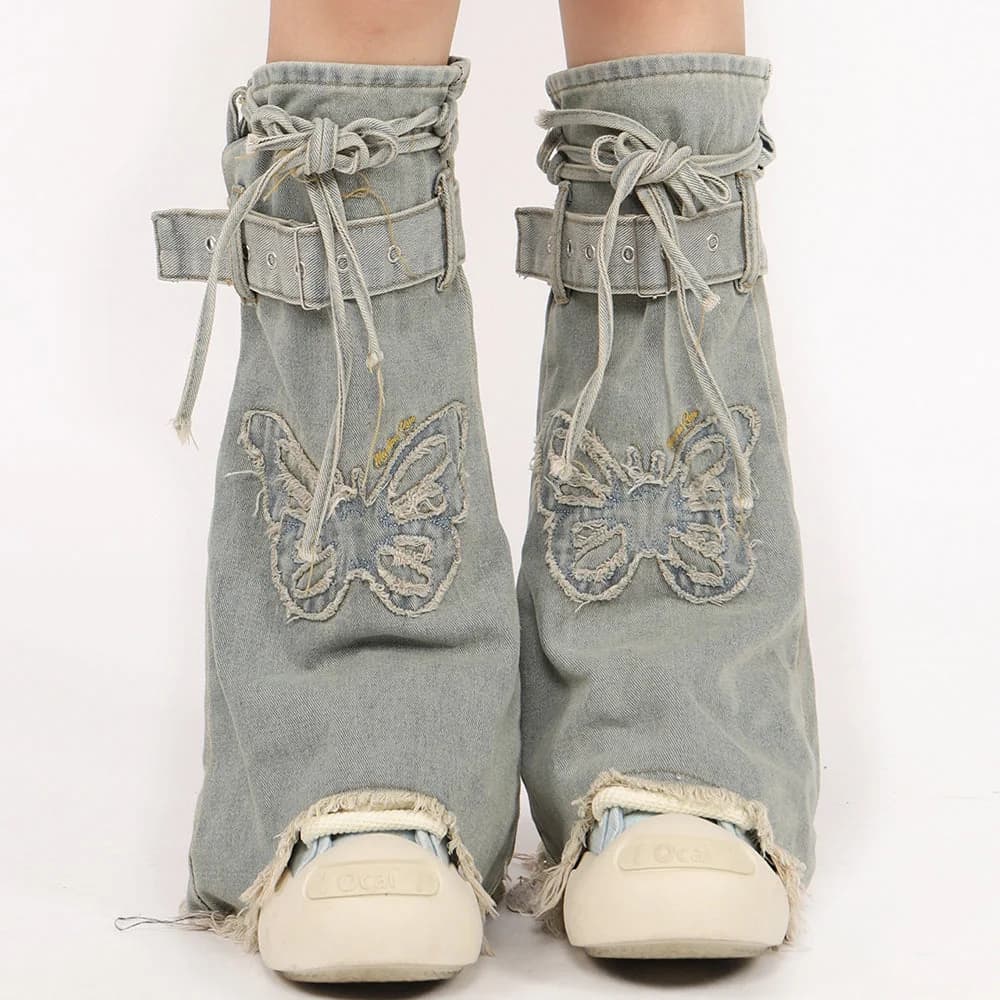 Butterfly Patch Y2K Denim Leg Warmers — view 2 Butterfly Patch Y2K Denim Leg Warmers — view 2