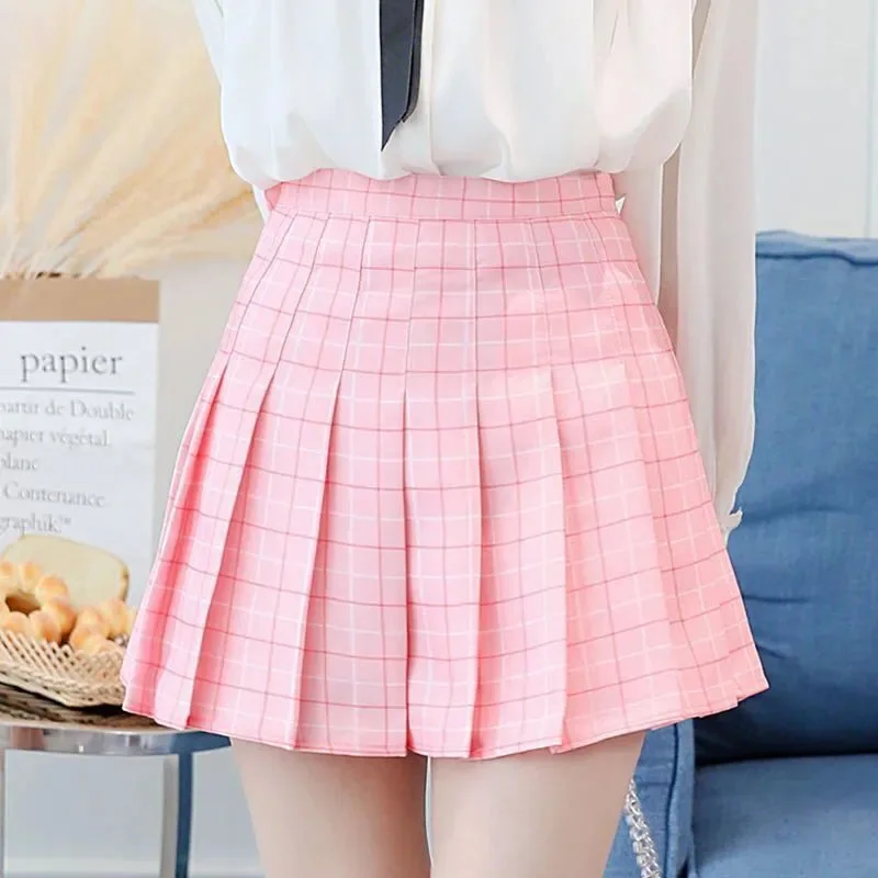 Cute Pink Plaid Pleated Skirt — view 1 Cute Pink Plaid Pleated Skirt — view 1