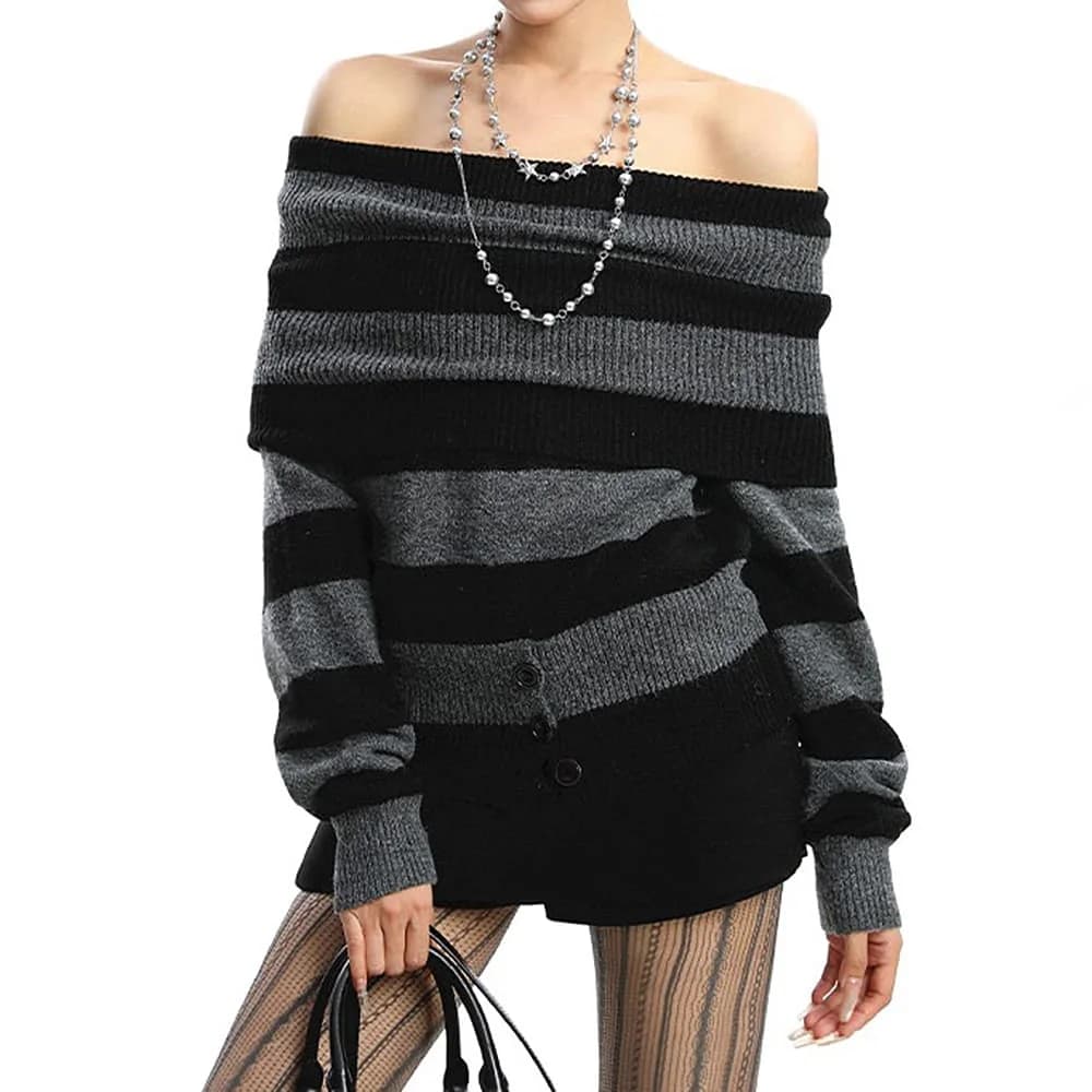 Black and Grey Off-Shoulder Knit Top — view 1 Black and Grey Off-Shoulder Knit Top — view 1