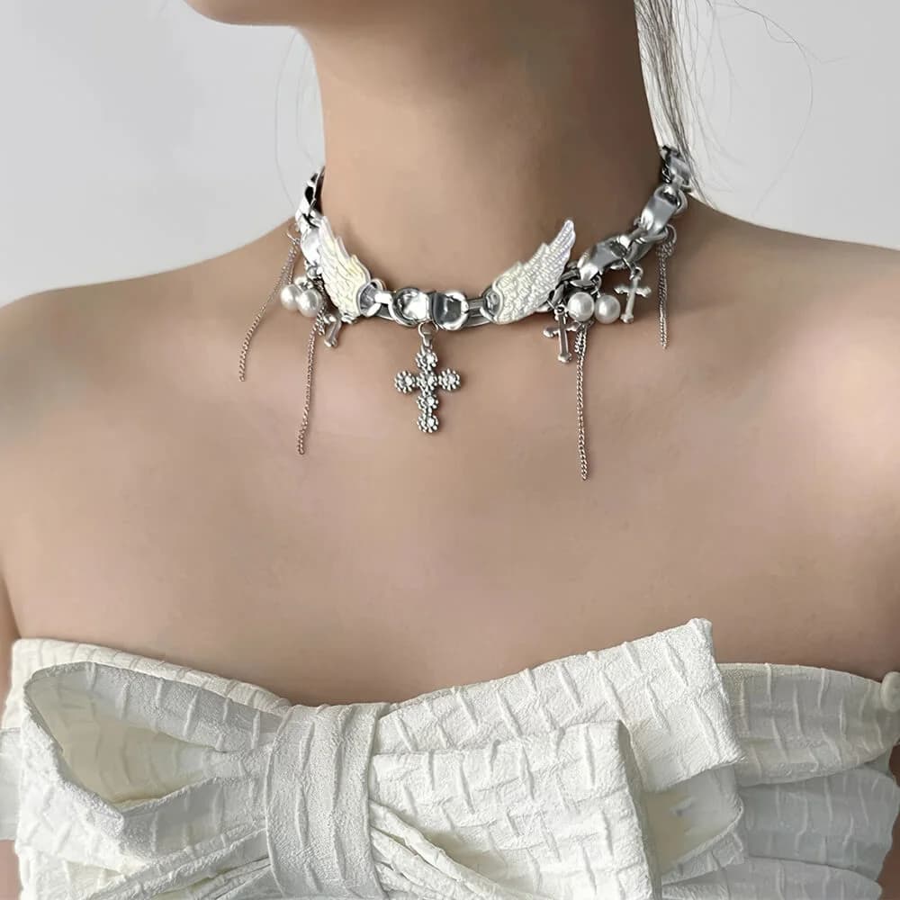 Angel Wings Cross Choker Necklace — view 2 Angel Wings Cross Choker Necklace — view 2