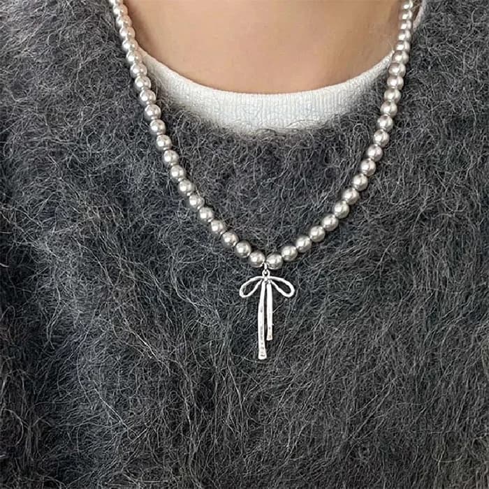 Bow Pendant Pearl Necklace — view 2 Bow Pendant Pearl Necklace — view 2