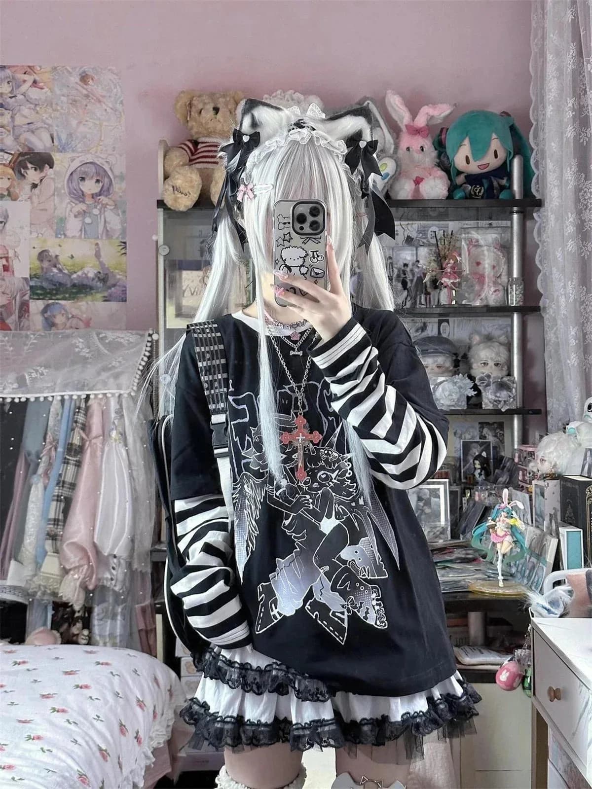 Guitar Graphic Striped Sleeve Layered Tee — view 1 Guitar Graphic Striped Sleeve Layered Tee — view 1
