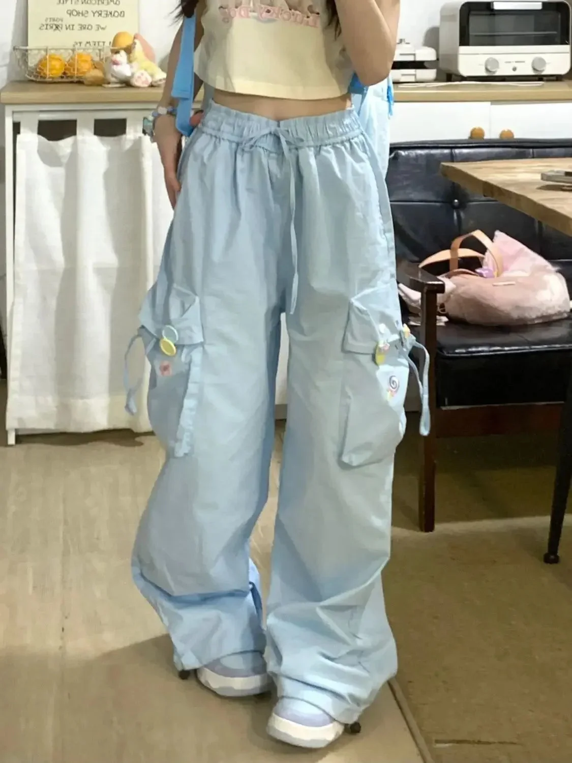 Fairy Kei Pastel Blue Cargo Wide-Leg Pants with Candy Embroidery — view 2 Fairy Kei Pastel Blue Cargo Wide-Leg Pants with Candy Embroidery — view 2
