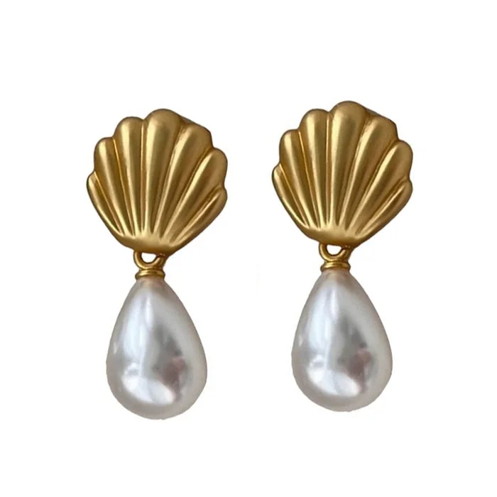 Shell Pearl Drop Earrings — view 1 Shell Pearl Drop Earrings — view 1