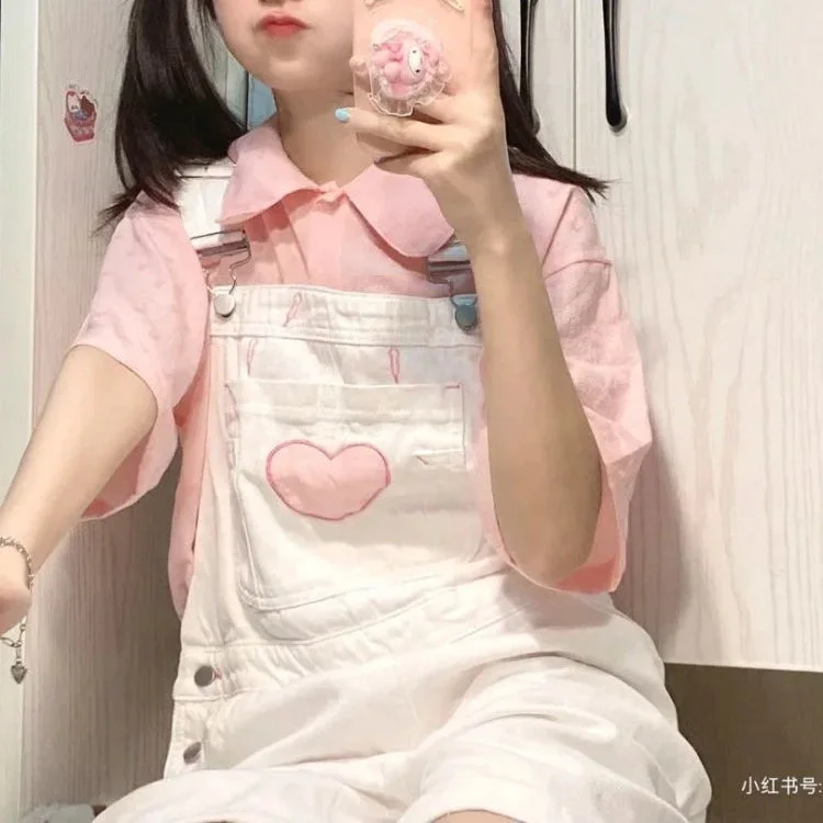 Pink Heart White Overalls — view 2 Pink Heart White Overalls — view 2
