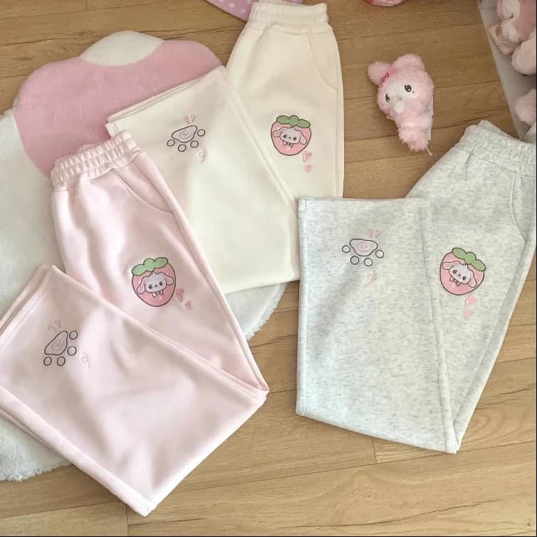 Kawaii Pastel Strawberry Puppy Casual Pants — view 2 Kawaii Pastel Strawberry Puppy Casual Pants — view 2