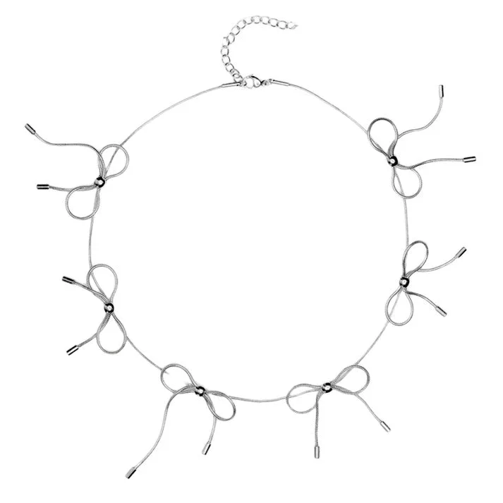 Coquette Aesthetic Silver Bows Choker — view 1 Coquette Aesthetic Silver Bows Choker — view 1