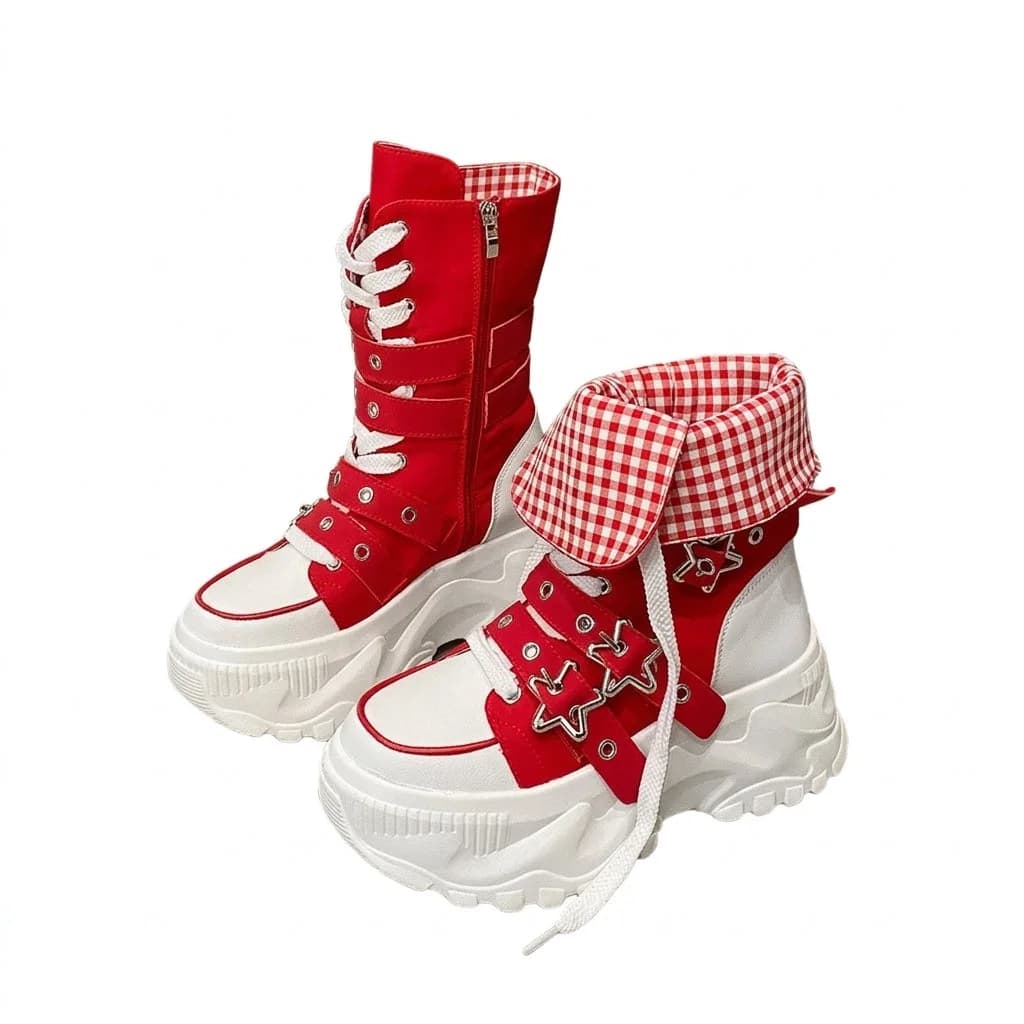 Jirai Kei Red Gingham Platform High-Top Lace-Up Boots with Star Buckle — view 1 Jirai Kei Red Gingham Platform High-Top Lace-Up Boots with Star Buckle — view 1