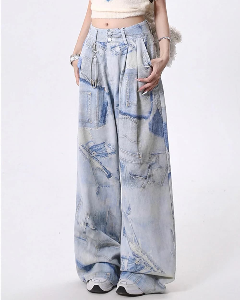 Denim Effect Print Trousers — view 2 Denim Effect Print Trousers — view 2