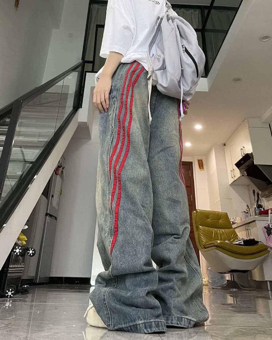 90s Style Wide Red Stripe Jeans — view 3 90s Style Wide Red Stripe Jeans — view 3