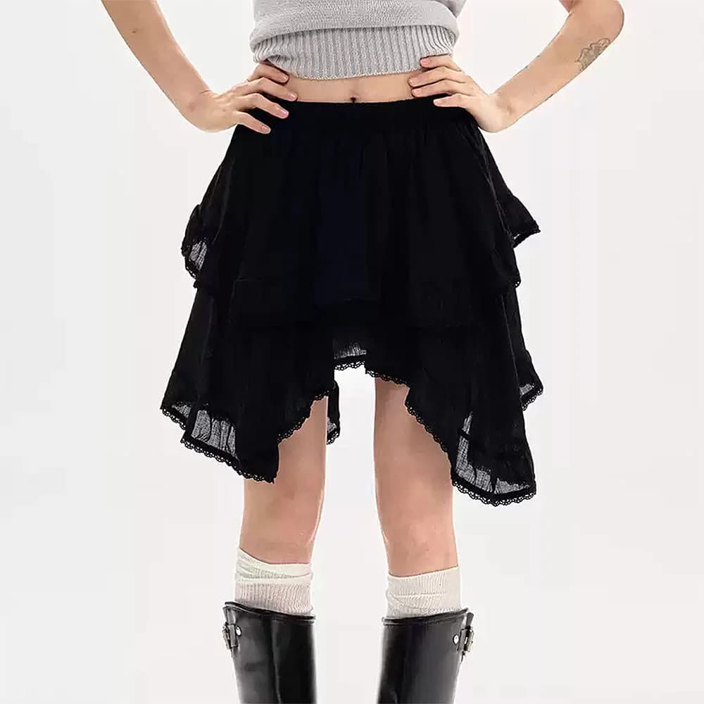 Fairycore Asymmetric Lace Ruffle Skirt — view 2 Fairycore Asymmetric Lace Ruffle Skirt — view 2