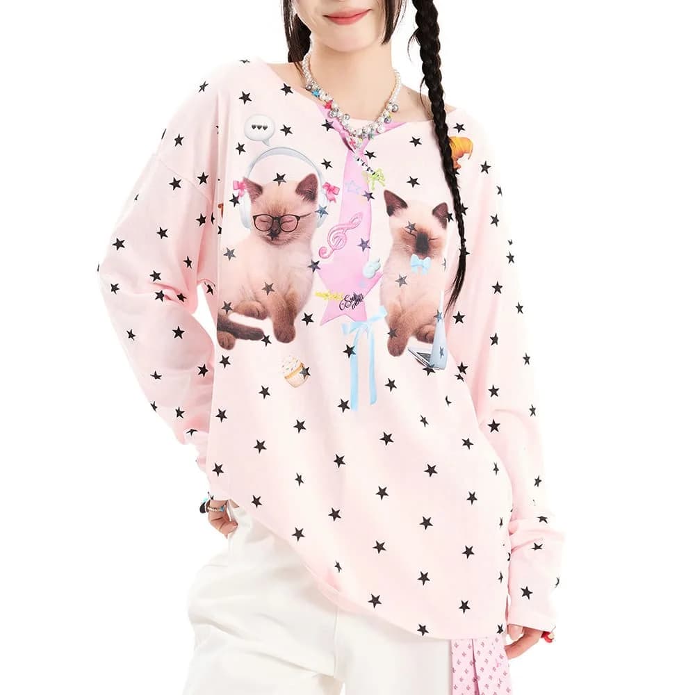 Kitten Print Star Long Sleeve Top — view 2 Kitten Print Star Long Sleeve Top — view 2