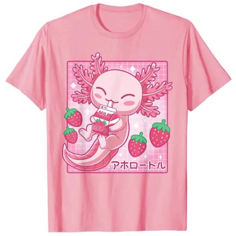 Kawaii Axolotl Strawberry Milk T-Shirt — view 2 Kawaii Axolotl Strawberry Milk T-Shirt — view 2