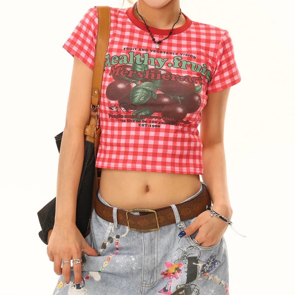 Healthy Fruits Gingham Baby Tee — view 2 Healthy Fruits Gingham Baby Tee — view 2