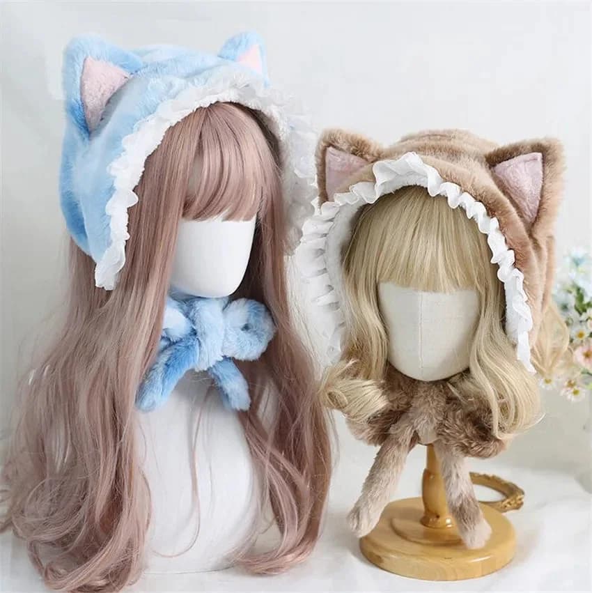 Fluffy Cat Ear Lace Bonnet Hat — view 1 Fluffy Cat Ear Lace Bonnet Hat — view 1