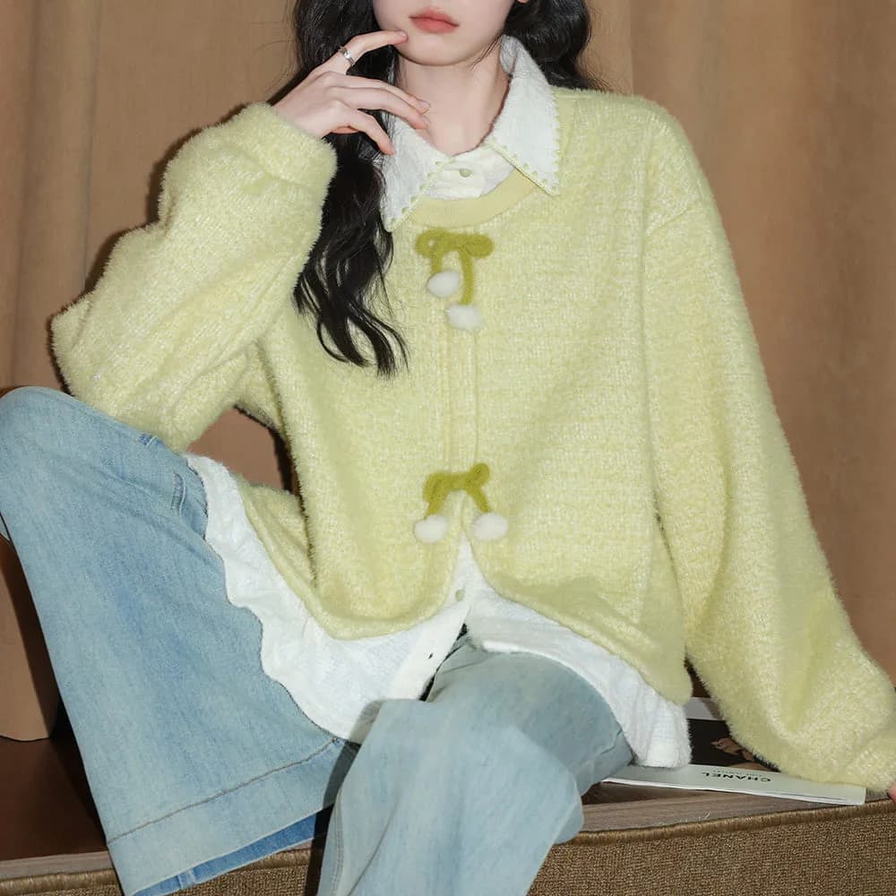 Lime Green Bow Knit Sweater — view 2 Lime Green Bow Knit Sweater — view 2