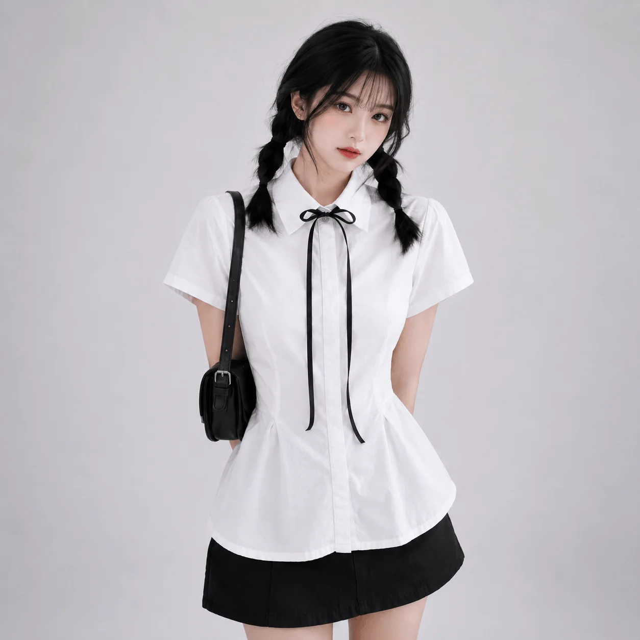 White Coquette Ribbon Peplum Women's Blouse — view 1 White Coquette Ribbon Peplum Women's Blouse — view 1