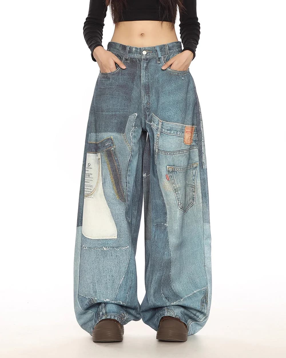 Printed Panel Look Baggy Denim Pants — view 2 Printed Panel Look Baggy Denim Pants — view 2