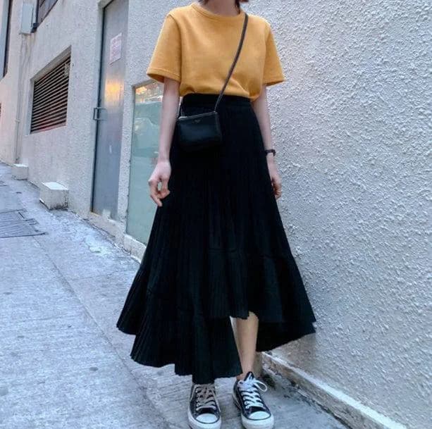Asymmetric Seashell Pleated Midi Skirt — view 3 Asymmetric Seashell Pleated Midi Skirt — view 3