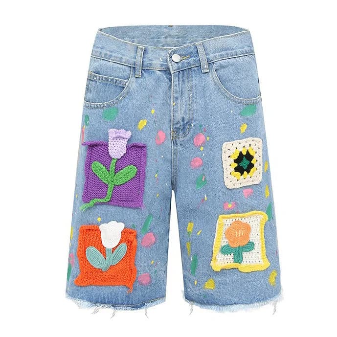 Indie Aesthetic Crochet Flower Denim Shorts — view 1 Indie Aesthetic Crochet Flower Denim Shorts — view 1