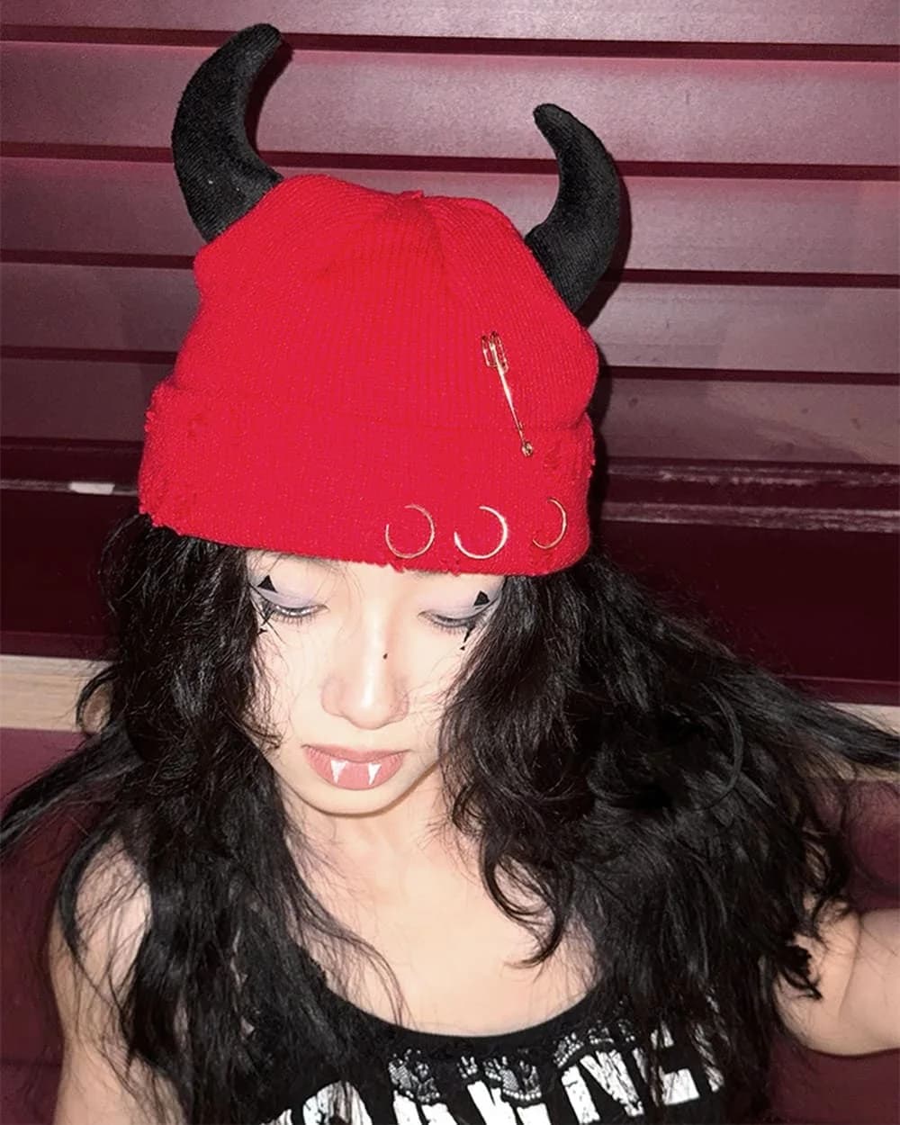 Devil Horns Knit Beanie Hat — view 2 Devil Horns Knit Beanie Hat — view 2