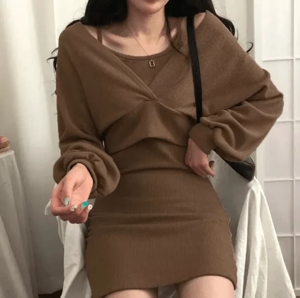 Brown Knitted Mini Dress — view 3 Brown Knitted Mini Dress — view 3