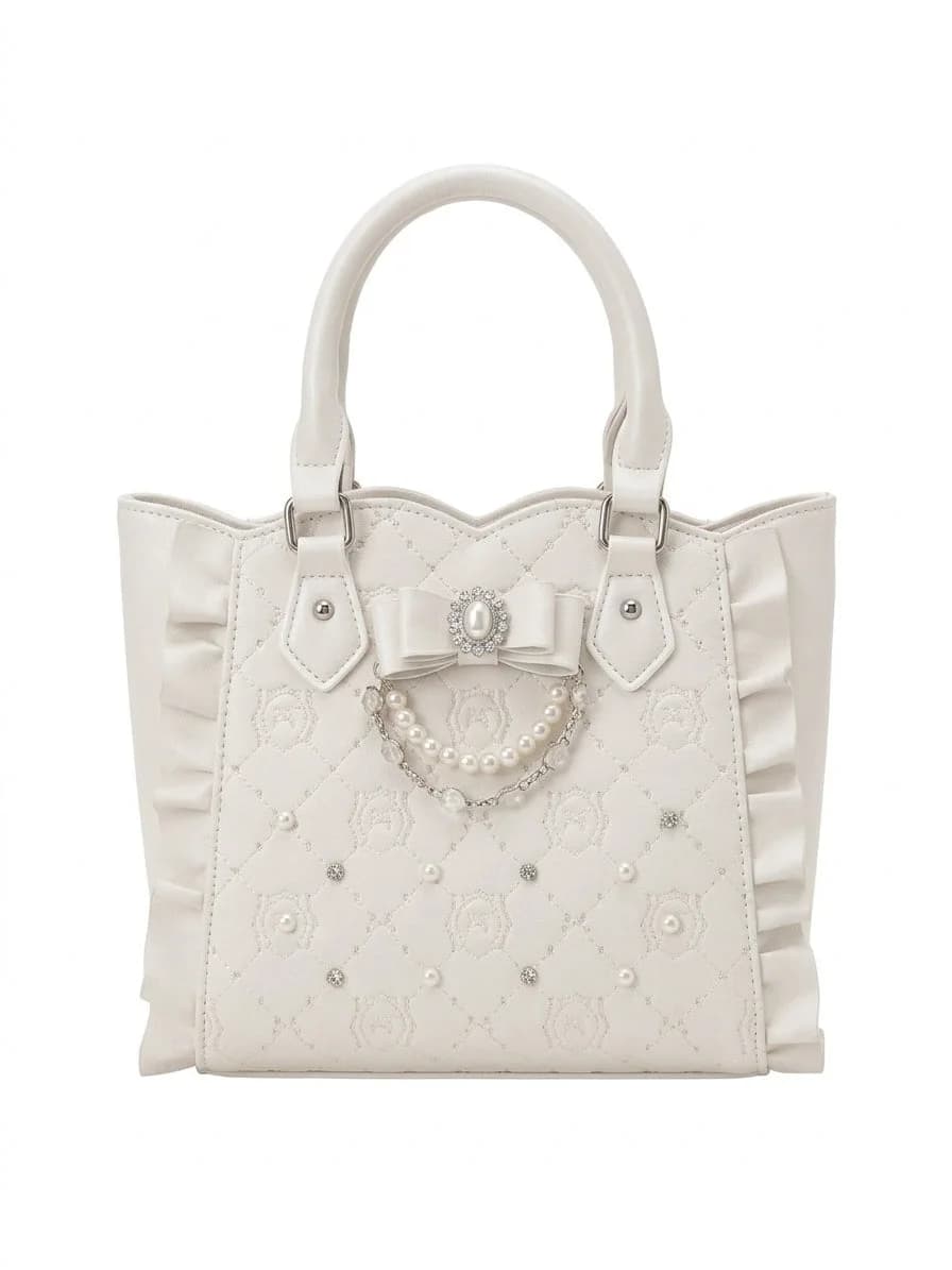 Jirai Kei Quilted Pearl Bow Ruffle Tote Bag in Ivory White — view 1 Jirai Kei Quilted Pearl Bow Ruffle Tote Bag in Ivory White — view 1