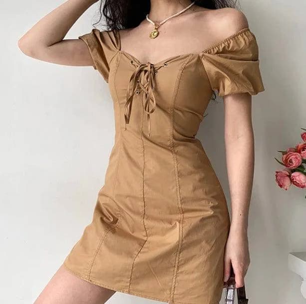 Puffy Sleeves Brown Mini Dress — view 3 Puffy Sleeves Brown Mini Dress — view 3