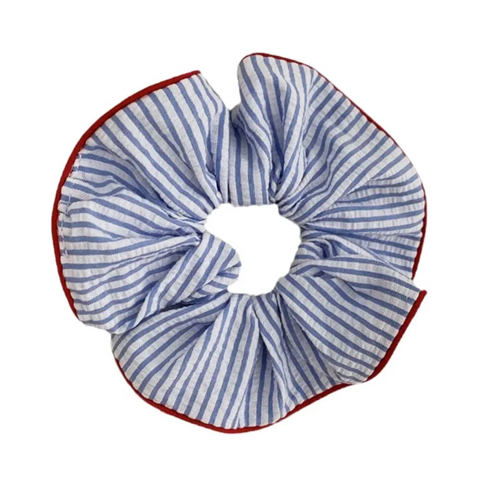 Blue Stripe Scrunchie with Red Trim — view 1 Blue Stripe Scrunchie with Red Trim — view 1
