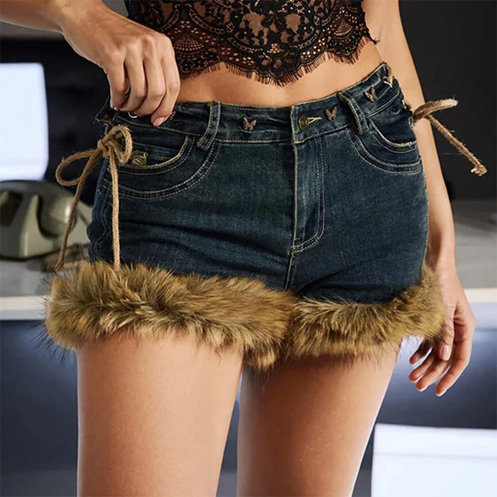 2000s Fur Trim Denim Shorts — view 2 2000s Fur Trim Denim Shorts — view 2