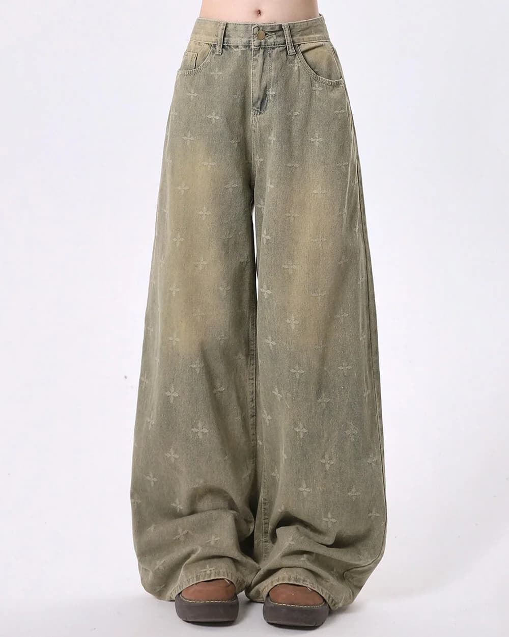 Washed Cross Print Wide Leg Jeans — view 2 Washed Cross Print Wide Leg Jeans — view 2